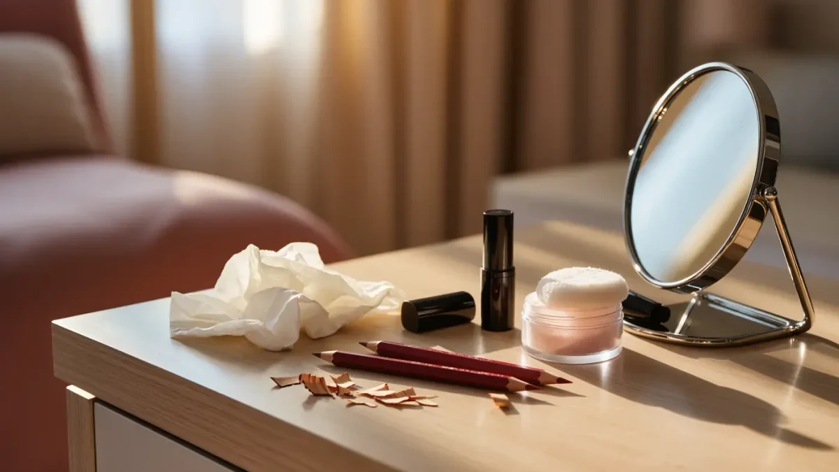 Vanity table with sharpened lip liners, a tissue, and translucent powder arranged for lipstick application