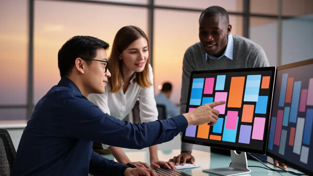 People in a newsroom studying labeled posts on screens