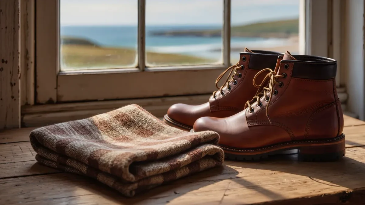 Harris Tweed fabric bolt beside a work boot on a weaver's wooden table