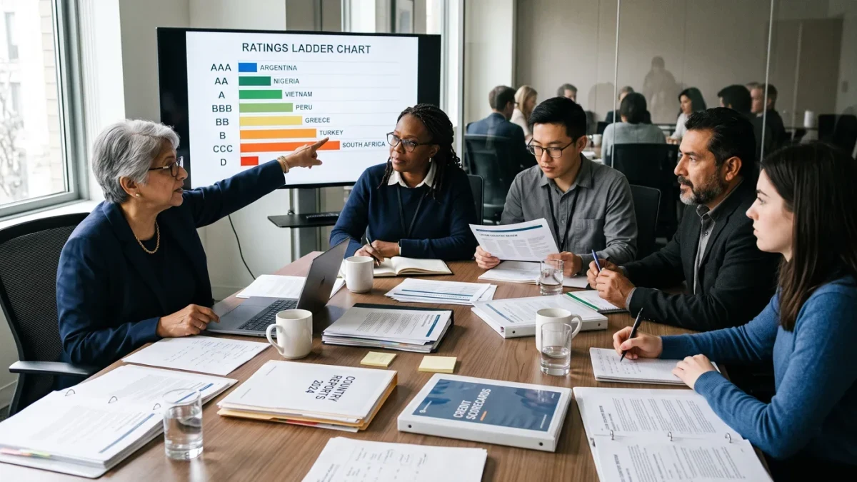 Rating committee meeting around scored criteria scorecards