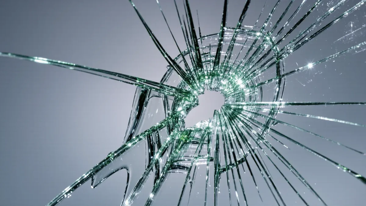 Macro shot of a starred windshield crack spreading across safety glass