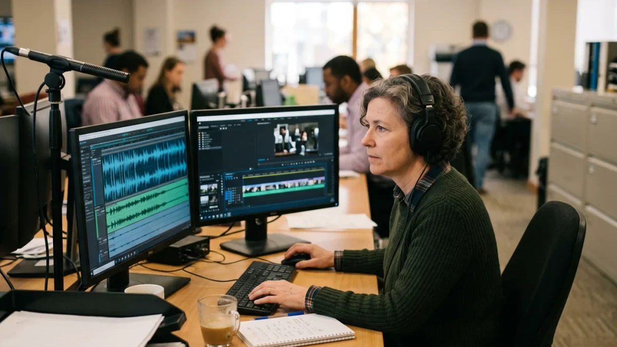 Journalist verifying video provenance on two monitors