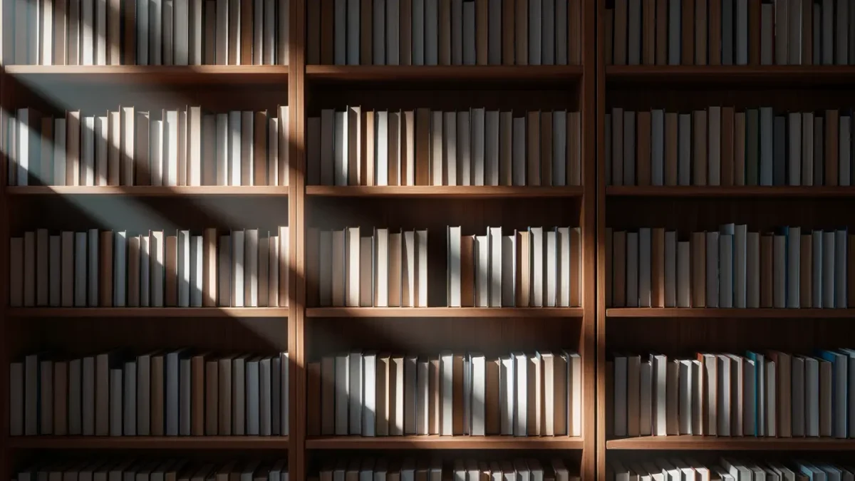 Library shelf with a noticeable empty gap between neatly shelved books