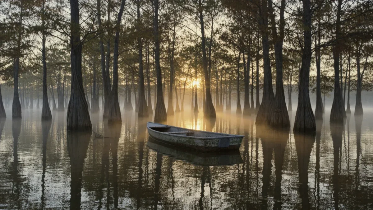 Flooded forest at dawn with a small wooden boat drifting