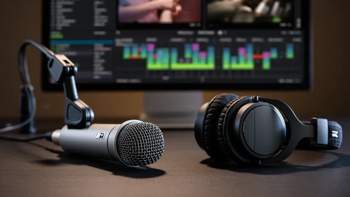 Studio microphone and headphones in front of an unattended editing screen