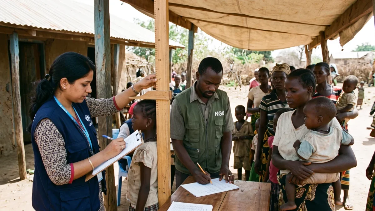 Survey team measuring and recording at a clinic registration bench