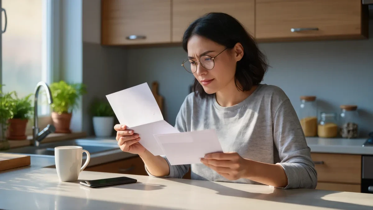 Student loan borrower reviewing repayment letter at kitchen counter