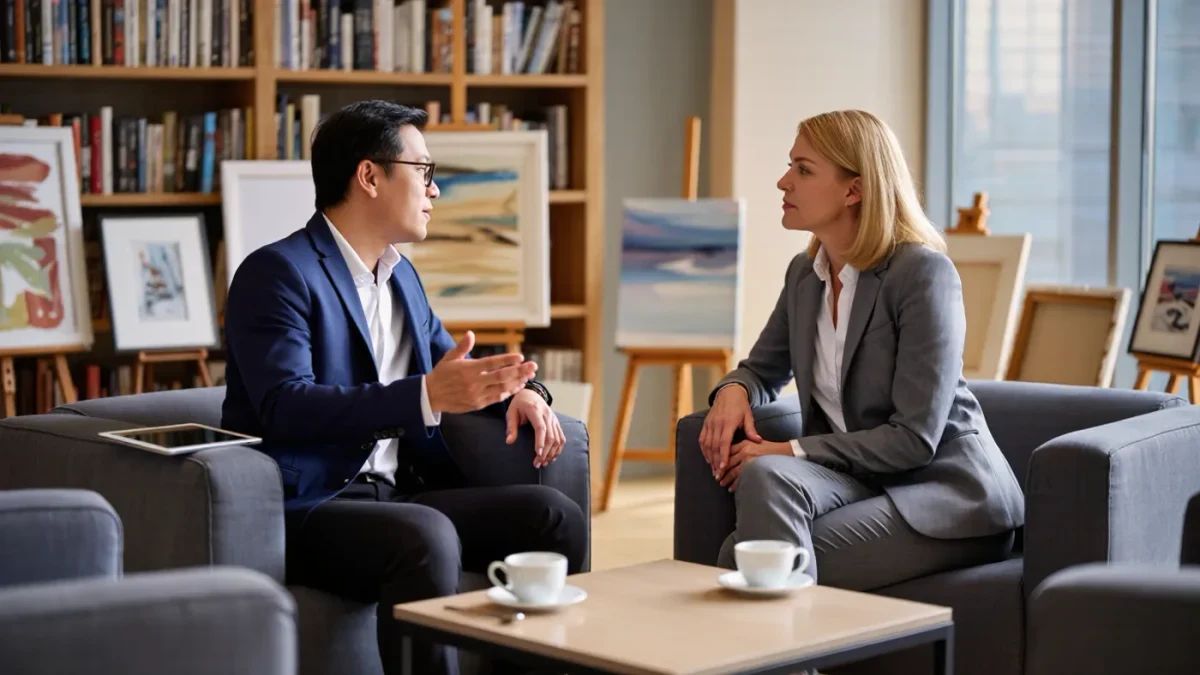 Two professionals in conversation at a talent agency meeting corner