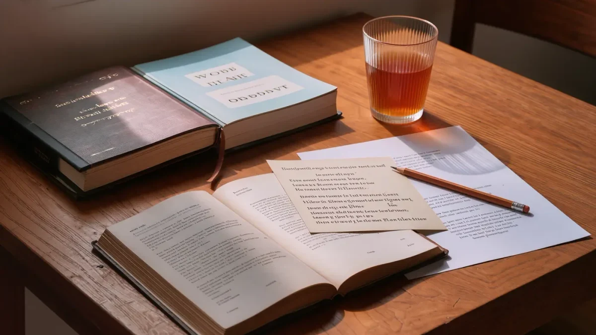 A translator's desk with two open dictionaries and manuscripts