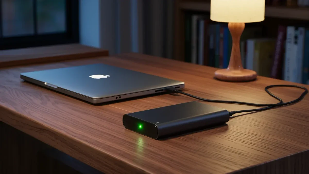 External hard drive connected to a computer in a home office at night