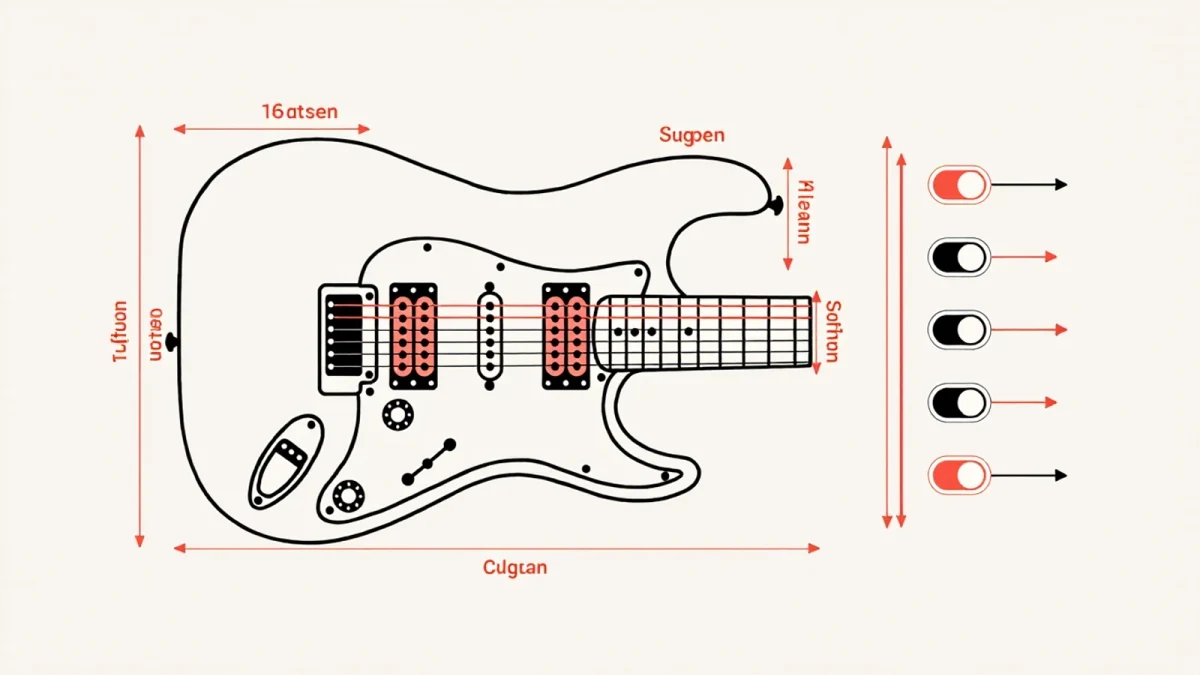 Exploded diagram of electric guitar body, pickups, and switching layout