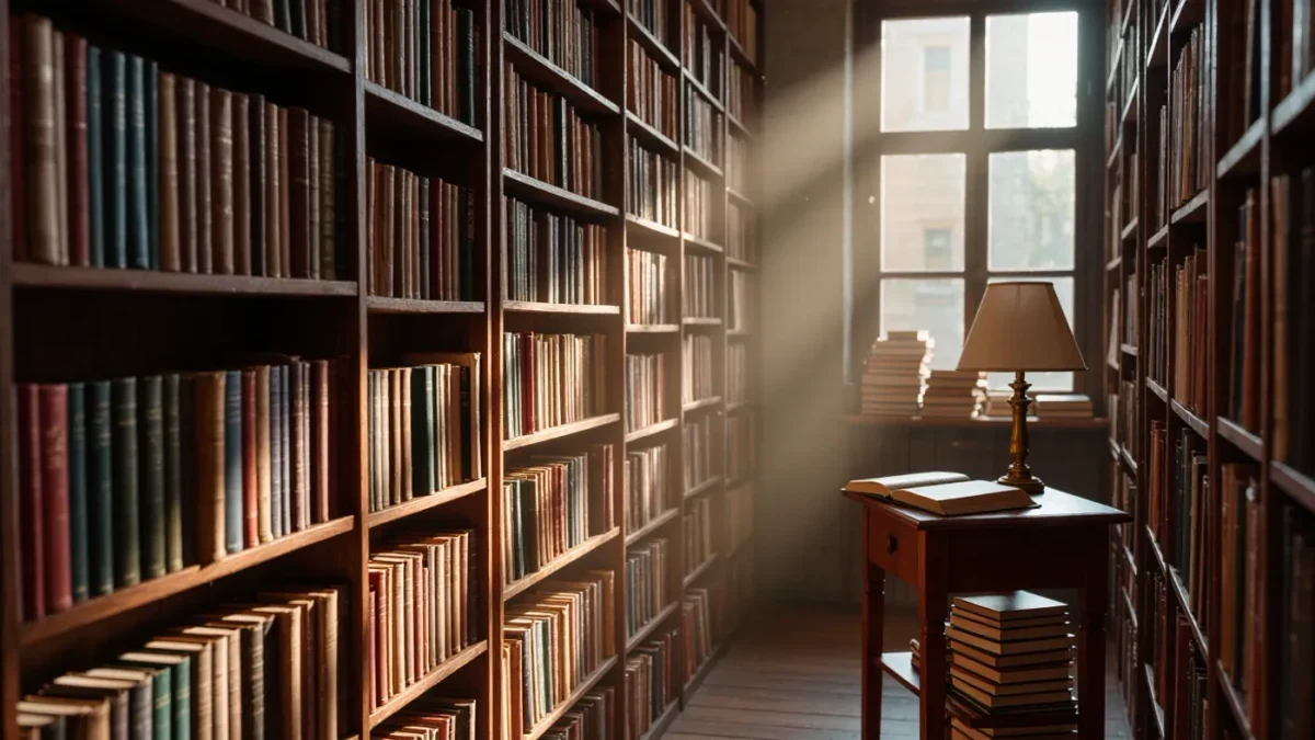 Empty secondhand bookshop aisle lined with music history hardcovers