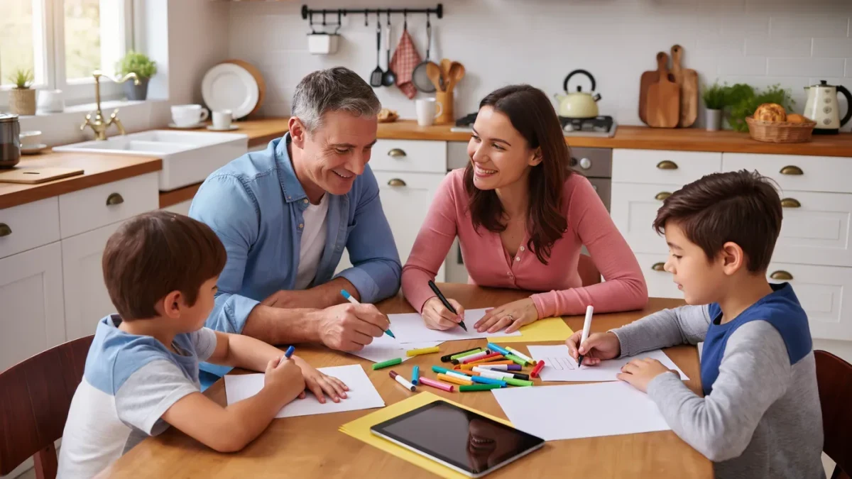 Family writing rules together at kitchen table, seen from behind