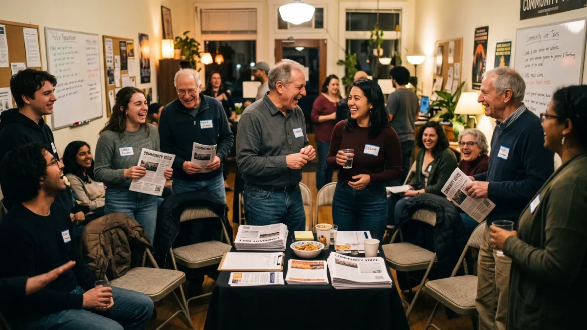 Community members at a local newsroom open-house event with name tags