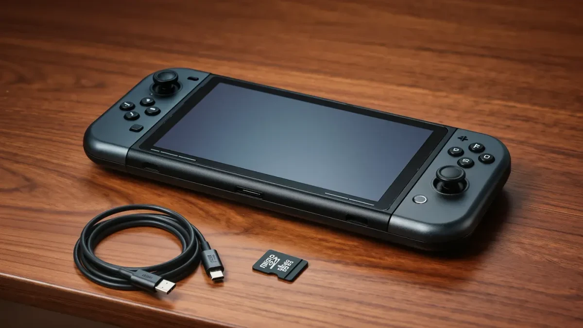 Close-up of a handheld gaming PC resting on a desk beside a microSD card