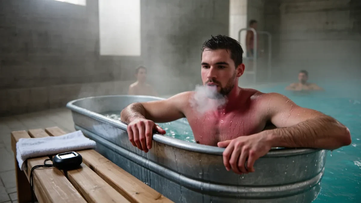 Athlete recovering in an ice bath after training