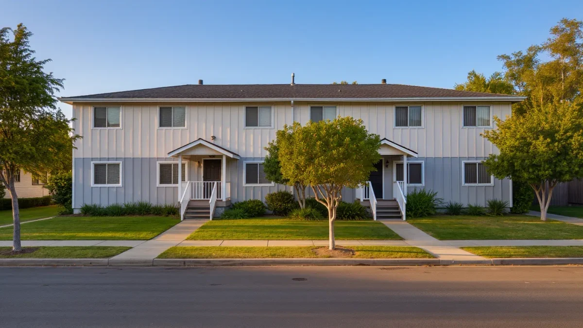A two-unit house with separate entrances on a quiet residential block