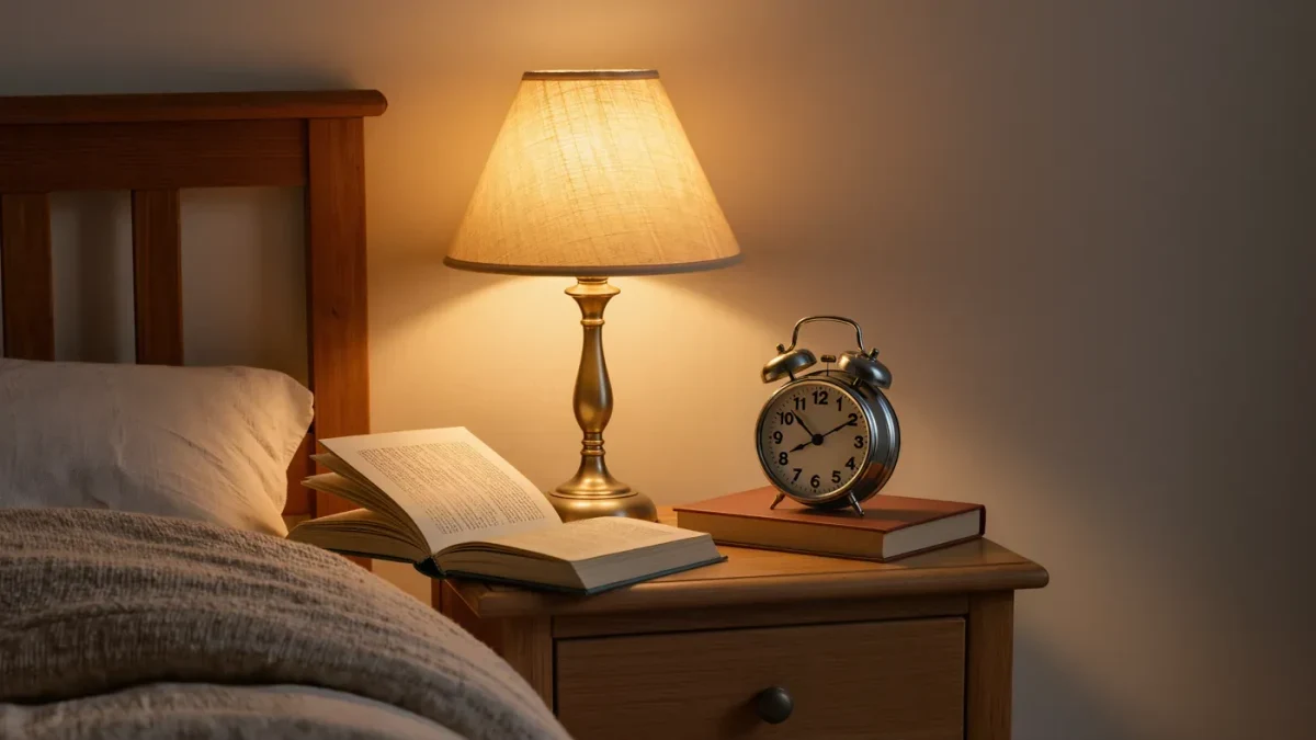 Warm reading lamp and paper book on a nightstand