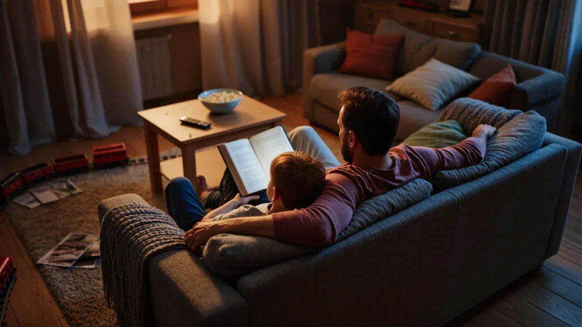 Parent and child reading together on sofa
