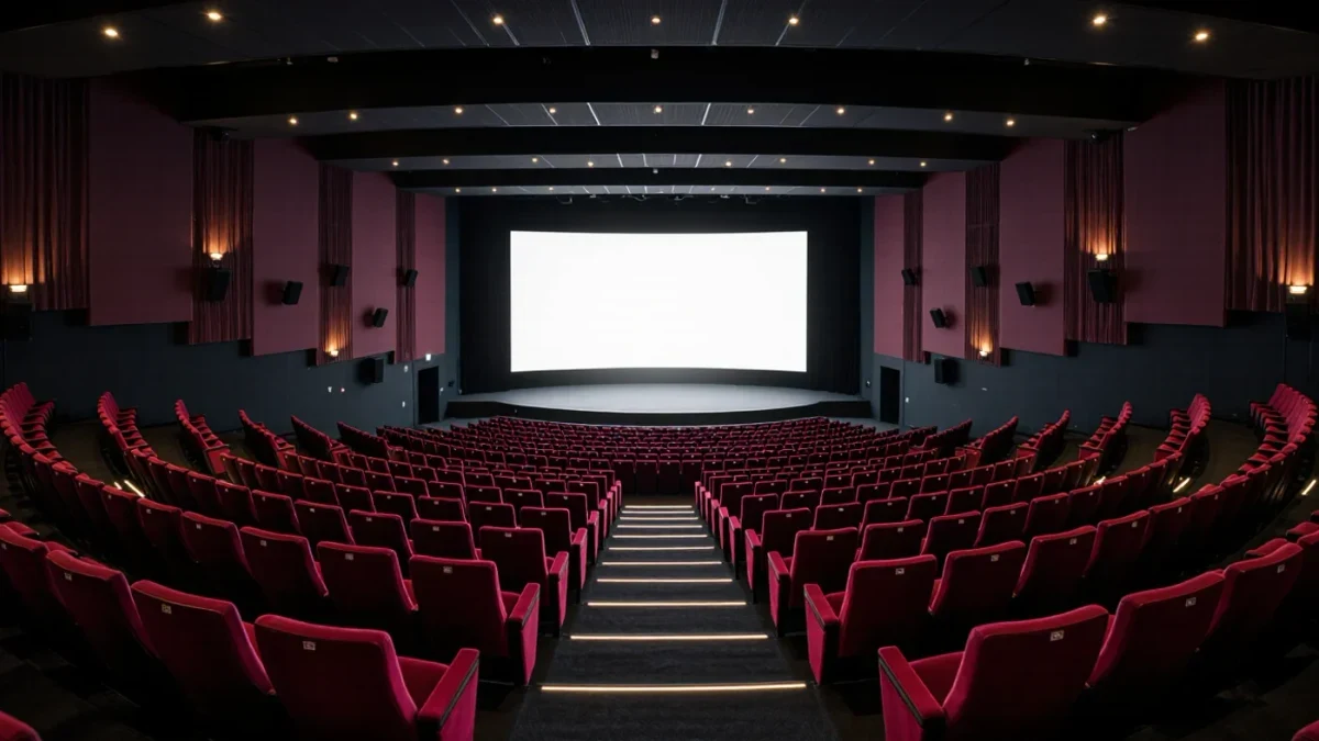 Empty cinema auditorium rows facing a glowing blank screen