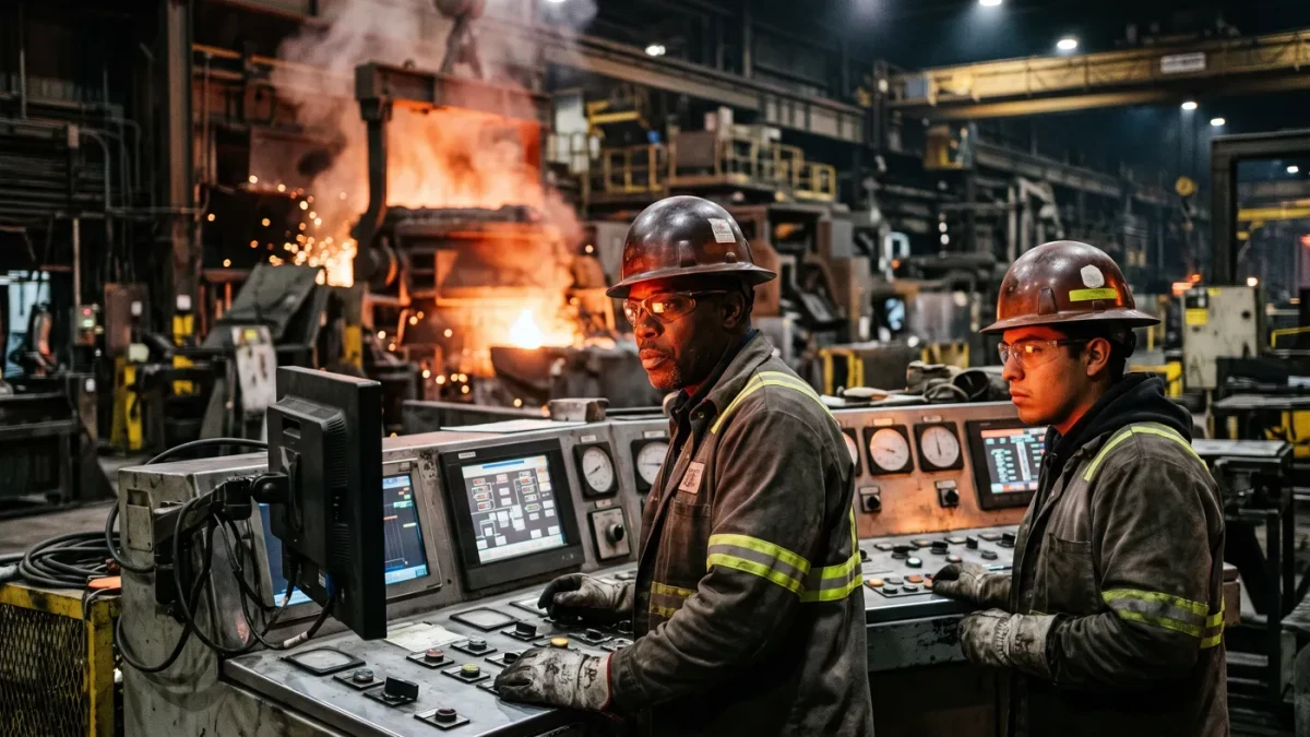 Steel workers in protective gear monitoring an electric arc furnace during a shift