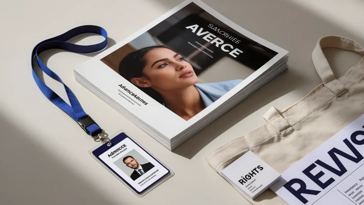 Close-up of a book fair catalog, badge, and advance copies