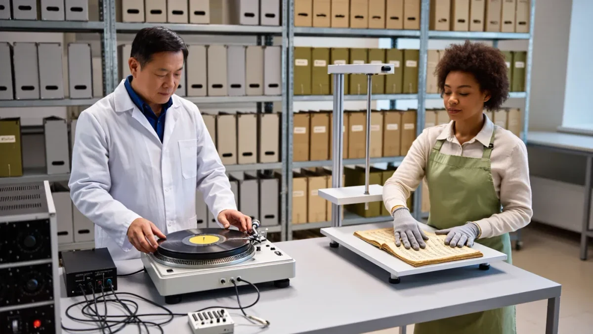 Archivists digitizing old recordings and scores in an archive lab