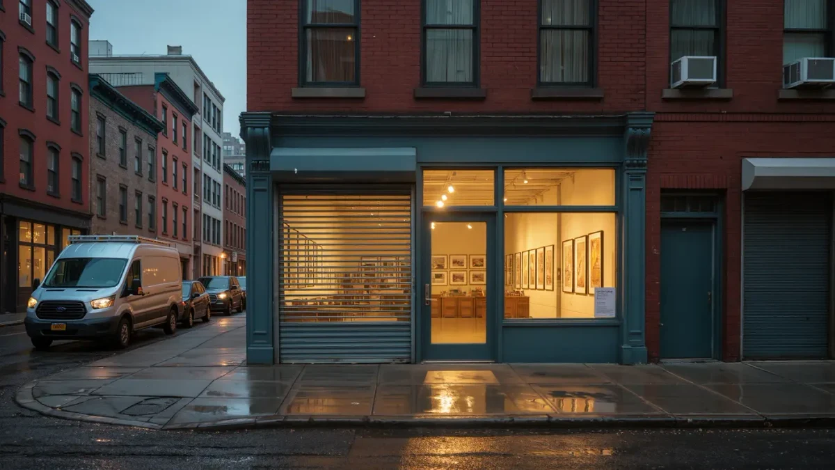 Small gallery storefront on a wet New York street at dawn
