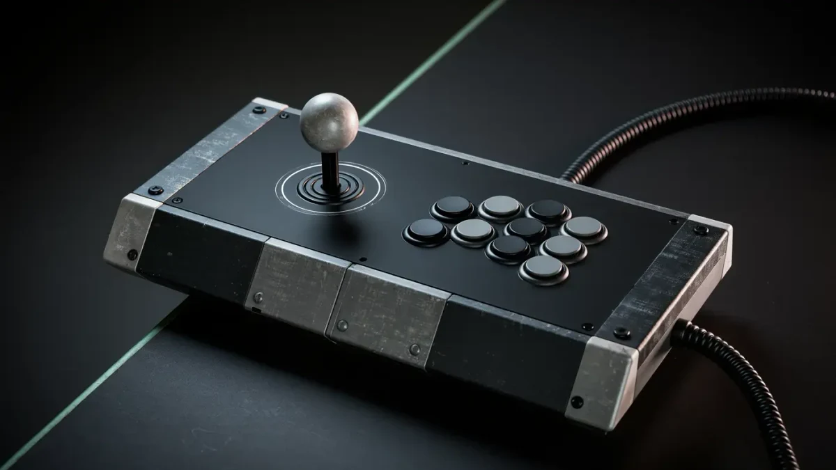 Competition arcade fight stick resting between tournament matches under stage light