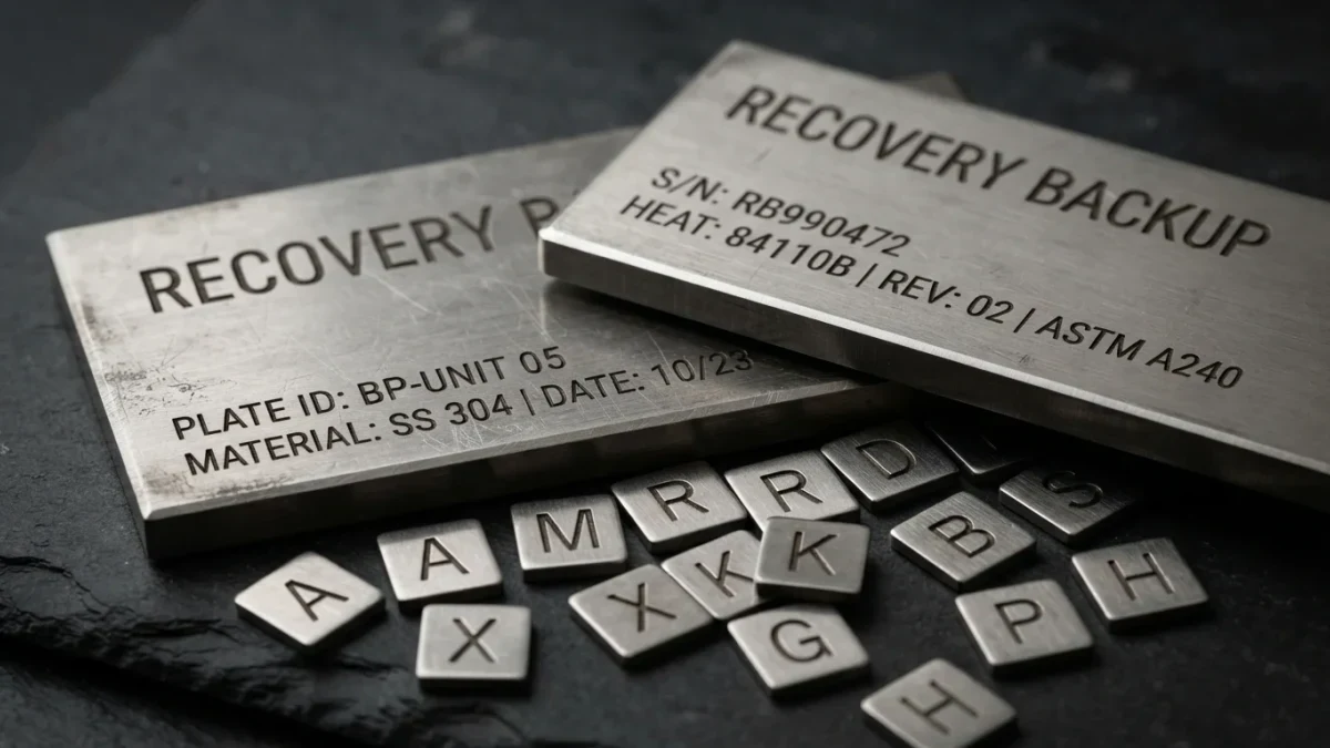 Two steel backup plates with letter tiles on dark slate