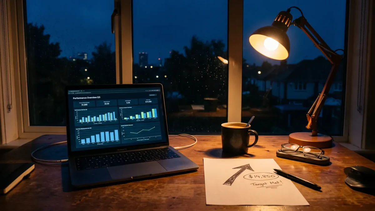 Night desk with side-project laptop beside a printed revenue goal sheet