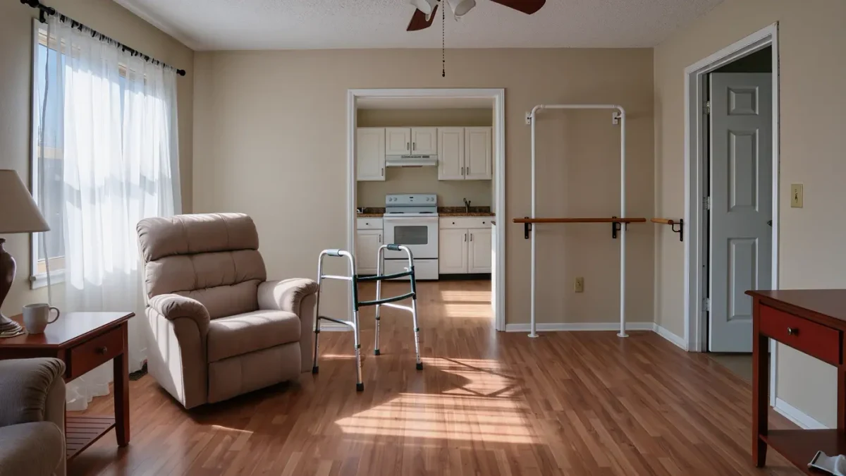 Main-floor living room prepared for aging in place, walker beside chair