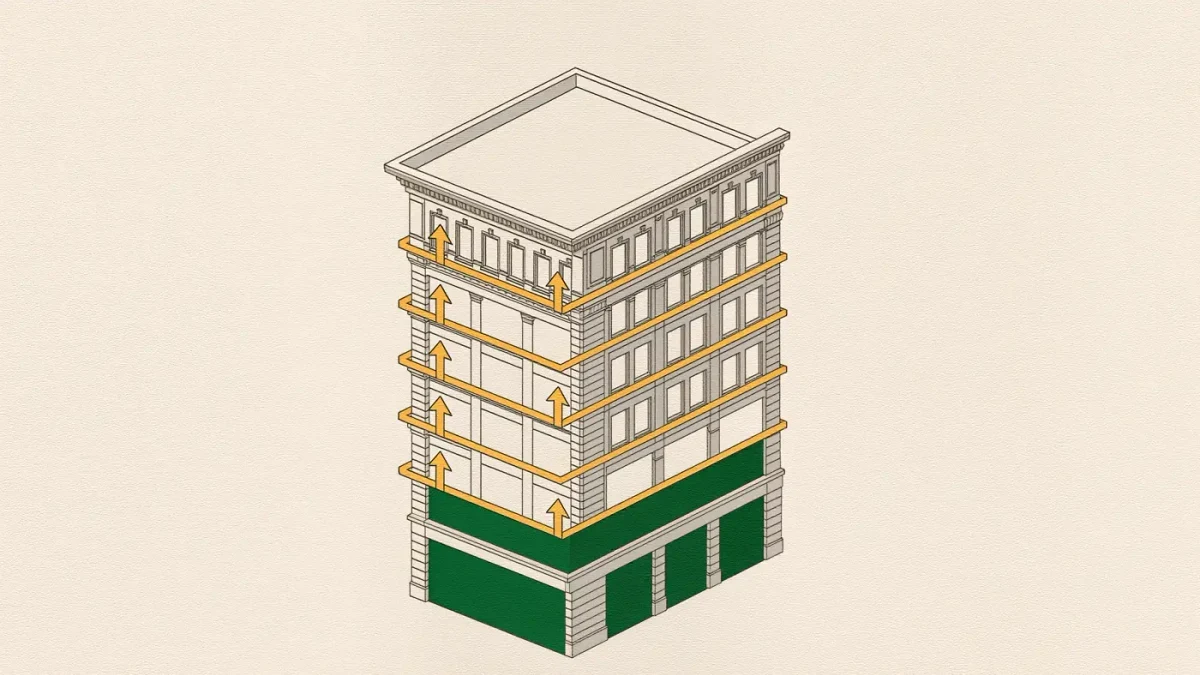 Minimalist infographic of a building facade with stacked dollar layers and ownership arrows
