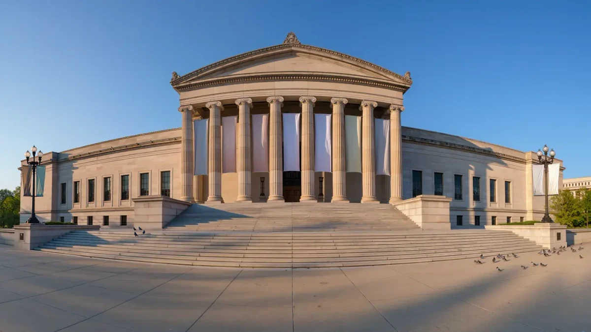 Grand museum facade on a bright summer morning, no people