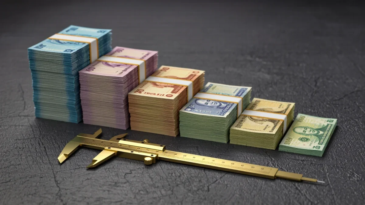 Close-up of foreign banknotes arranged in weighted stacks