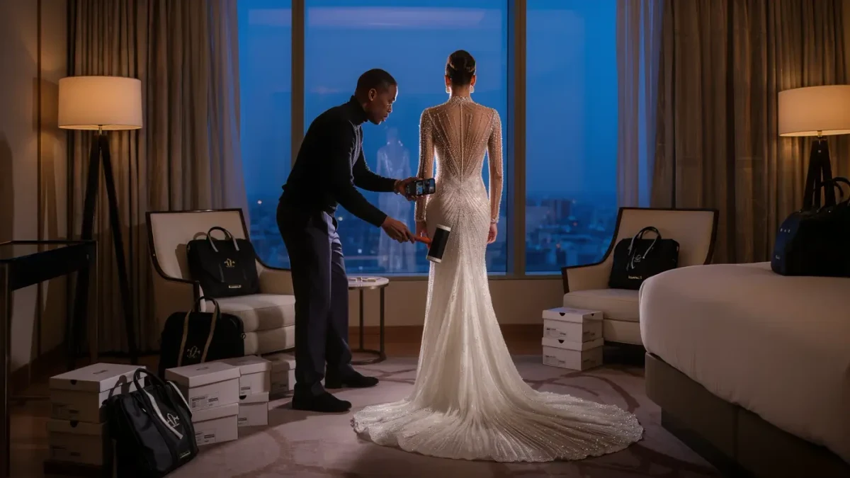 Stylist directing final adjustments before a carpet departure at dusk