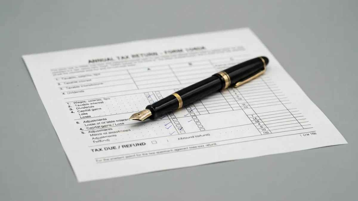 Close-up of a pen resting on a tax form