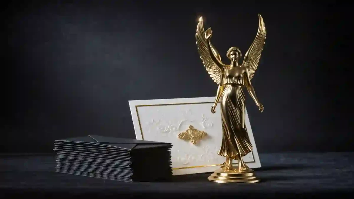 Close-up of an award statue beside sealed voter screener envelopes