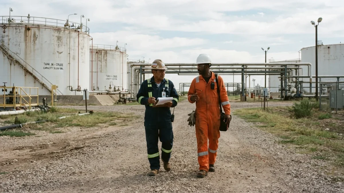 Oil terminal workers inspecting storage tanks at midday