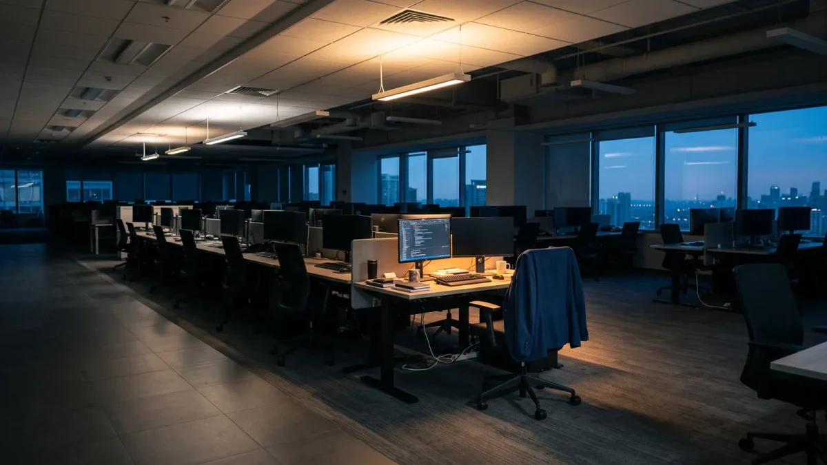 Partly vacated office floor at dusk with one lit workstation
