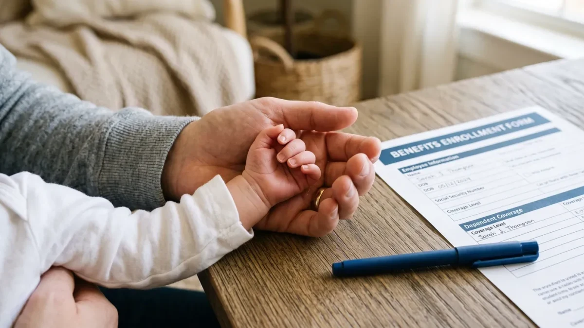 Parent holding an infant beside a benefits enrollment form on the table
