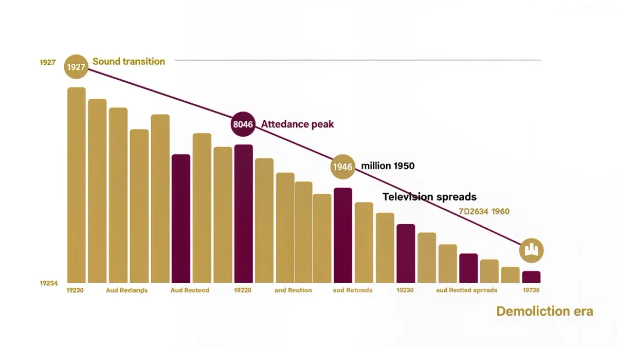 Infographic chart of American movie theater attendance 1920 to 1970