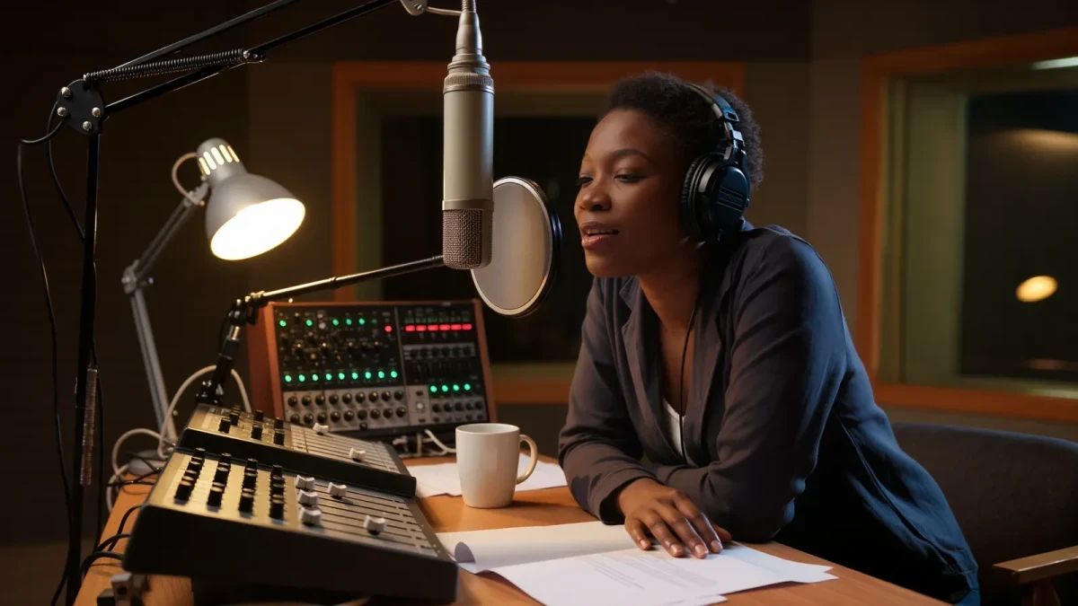 Overnight radio host mid-show in a dim studio