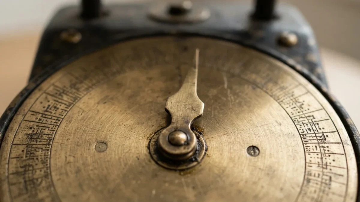 Macro photo of a balanced railway scale dial at rest