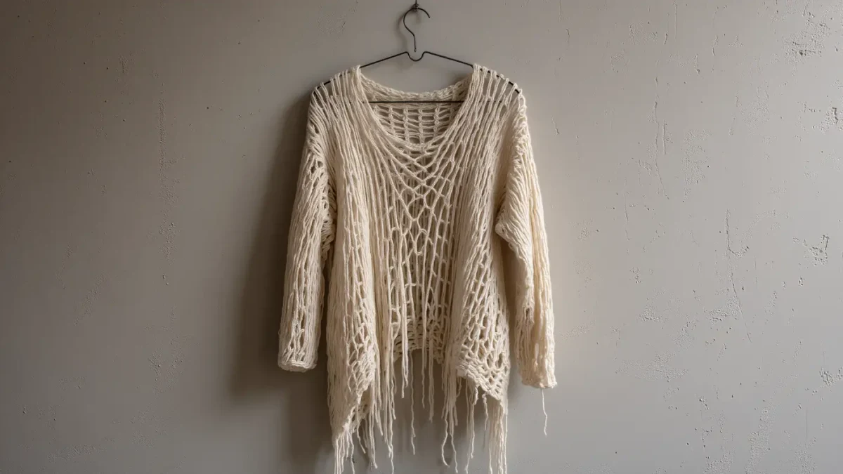 Close-up of a hand-knit avant-garde garment with irregular openwork texture