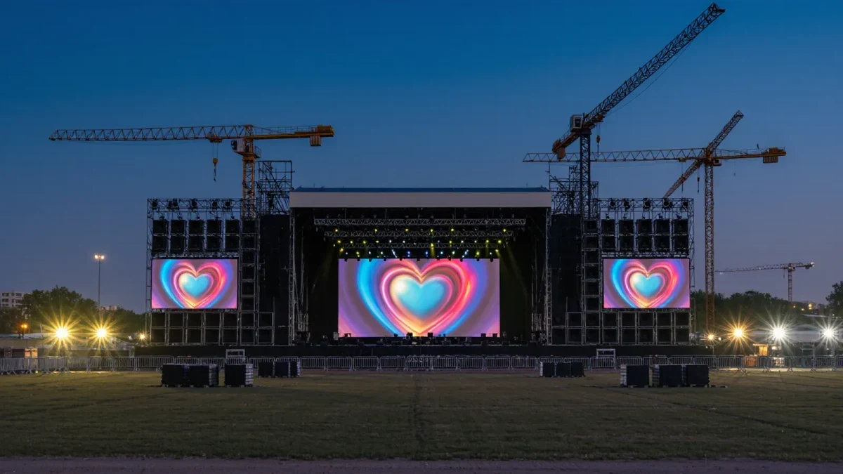 Empty benefit concert stage with donation screens at dusk