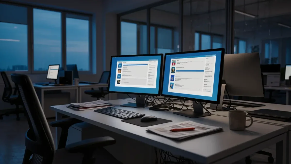 Empty marketing office at dusk with monitors showing unfinished drafts