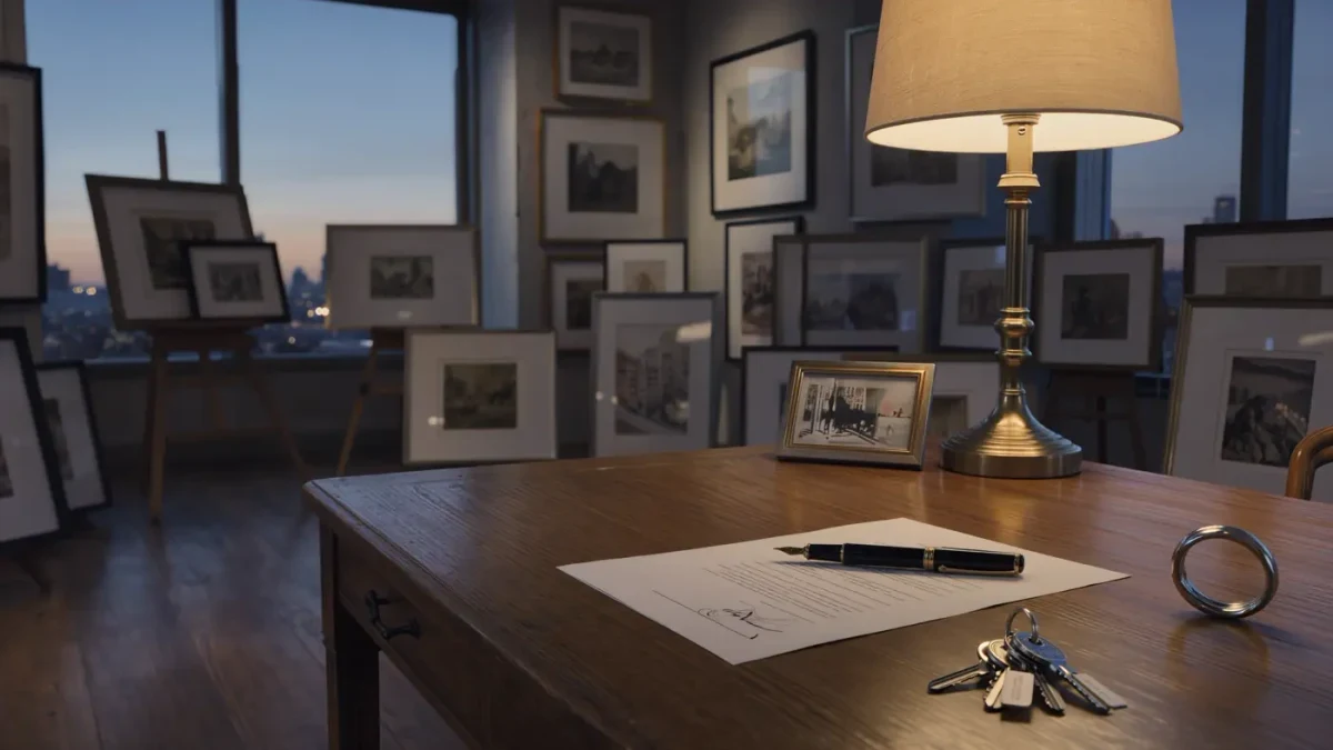 Signed contract and keys resting on a gallery desk before opening