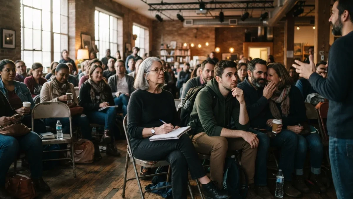 Diverse audience listening at a community crypto meetup