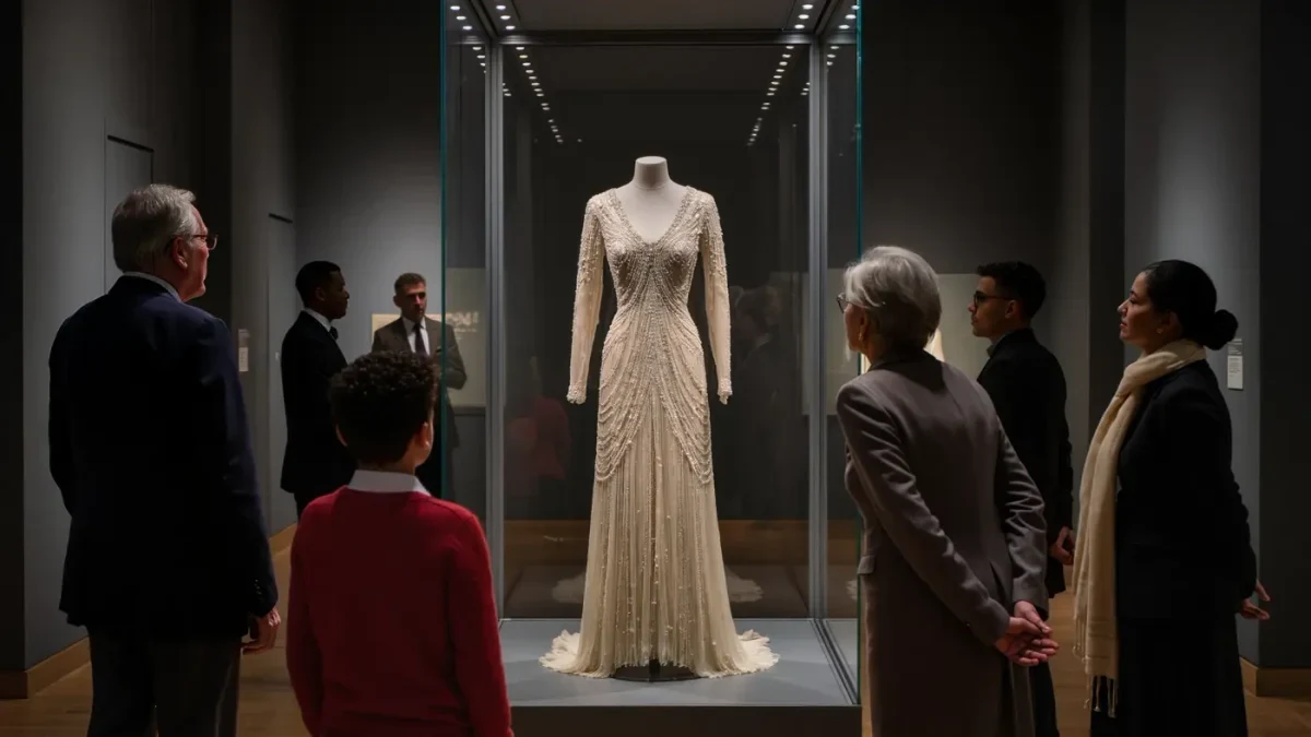 Visitors in a dim gallery studying a historic gown lit in a glass case